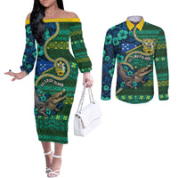 Personalised Solomon Islands Independence Day Couples Matching Off The Shoulder Long Sleeve Dress and Long Sleeve Button Shirt Crocodile Hibiscus Tribal Pattern DT05 Green - Polynesian Pride