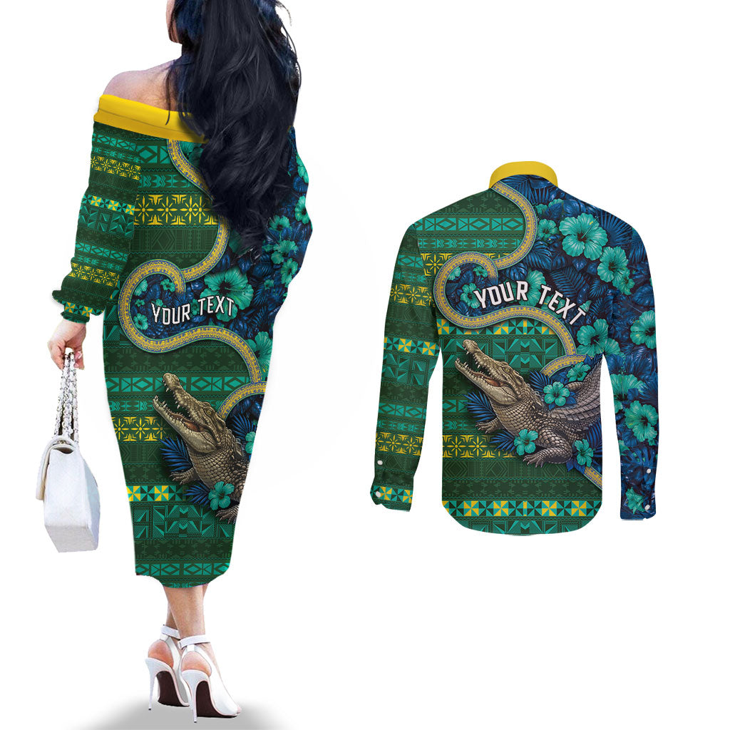 Personalised Solomon Islands Independence Day Couples Matching Off The Shoulder Long Sleeve Dress and Long Sleeve Button Shirt Crocodile Hibiscus Tribal Pattern DT05 - Polynesian Pride