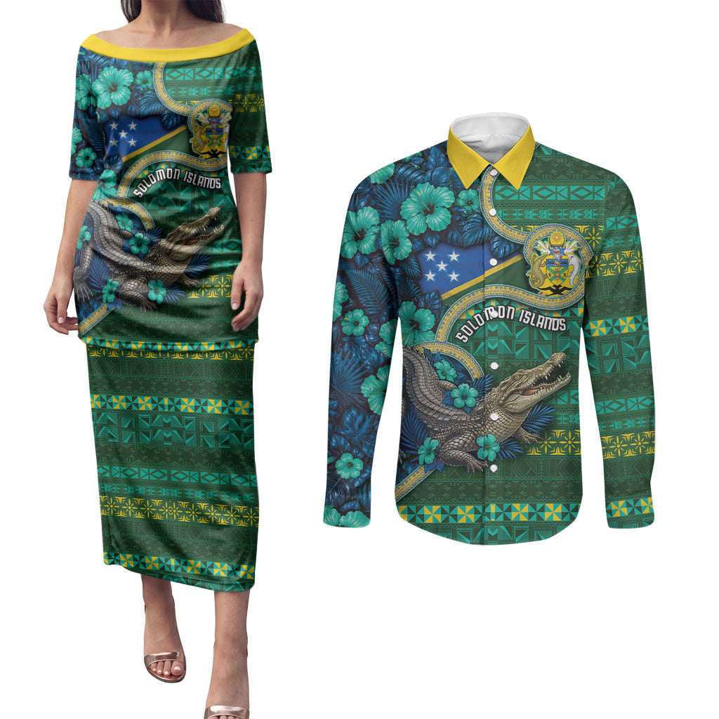 Personalised Solomon Islands Independence Day Couples Matching Puletasi and Long Sleeve Button Shirt Crocodile Hibiscus Tribal Pattern DT05 Green - Polynesian Pride