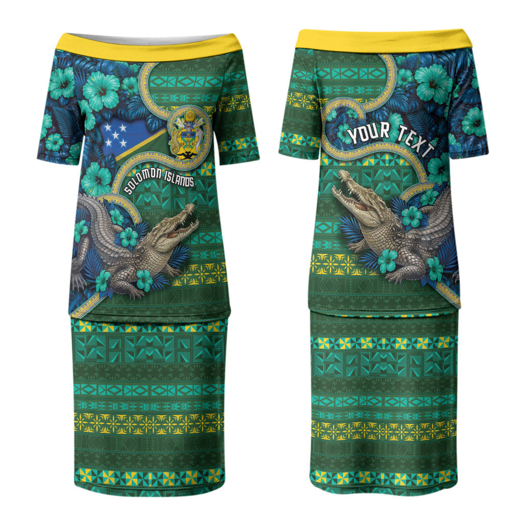 Personalised Solomon Islands Independence Day Couples Matching Puletasi and Long Sleeve Button Shirt Crocodile Hibiscus Tribal Pattern DT05 - Polynesian Pride