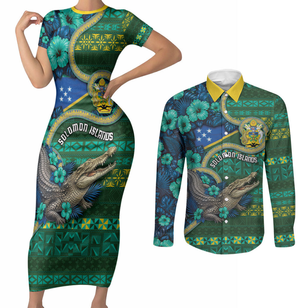 Personalised Solomon Islands Independence Day Couples Matching Short Sleeve Bodycon Dress and Long Sleeve Button Shirt Crocodile Hibiscus Tribal Pattern DT05 Green - Polynesian Pride