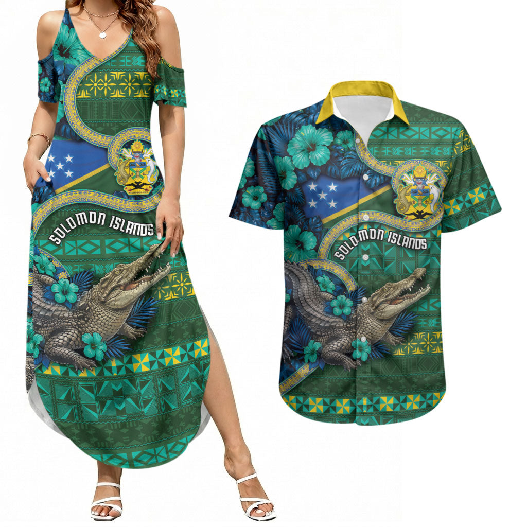 Personalised Solomon Islands Independence Day Couples Matching Summer Maxi Dress and Hawaiian Shirt Crocodile Hibiscus Tribal Pattern DT05 Green - Polynesian Pride