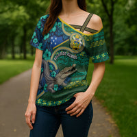 Personalised Solomon Islands Independence Day Cross Shoulder Shirt Crocodile Hibiscus Tribal Pattern DT05 - Polynesian Pride