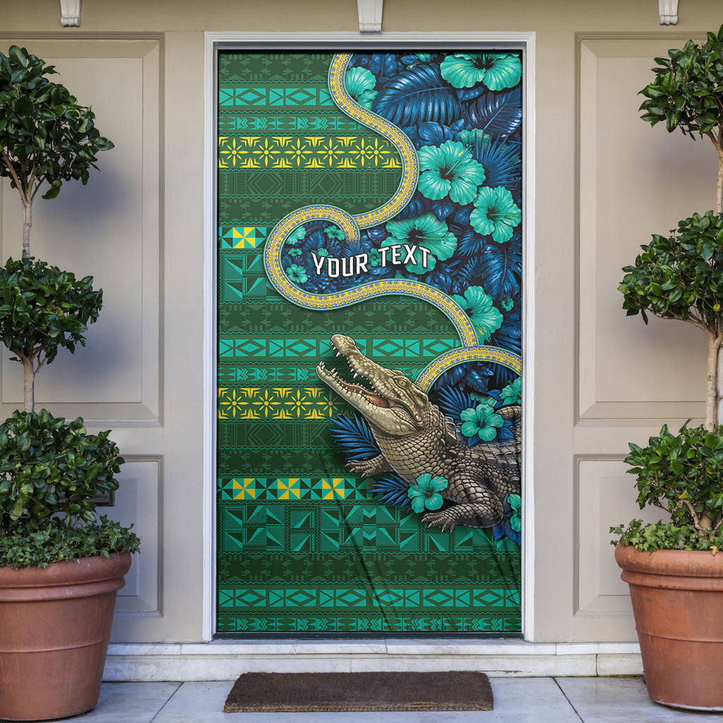 Personalised Solomon Islands Independence Day Door Cover Crocodile Hibiscus Tribal Pattern DT05 Green - Polynesian Pride