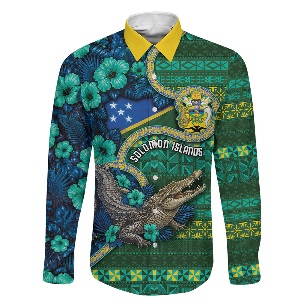 Personalised Solomon Islands Independence Day Family Matching Long Sleeve Bodycon Dress and Hawaiian Shirt Crocodile Hibiscus Tribal Pattern DT05 Dad's Shirt - Long Sleeve Green - Polynesian Pride