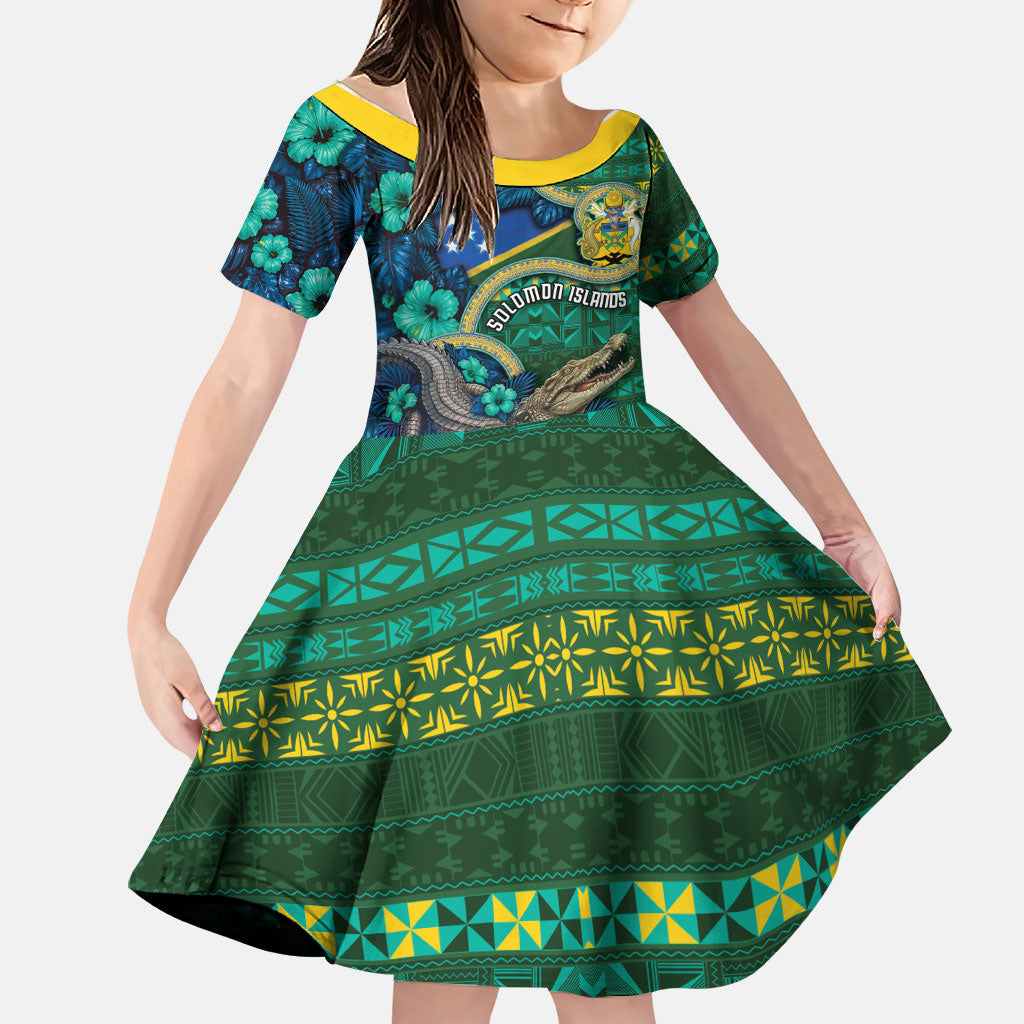 Personalised Solomon Islands Independence Day Family Matching Mermaid Dress and Hawaiian Shirt Crocodile Hibiscus Tribal Pattern DT05 Daughter's Dress Green - Polynesian Pride