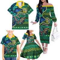 Personalised Solomon Islands Independence Day Family Matching Off The Shoulder Long Sleeve Dress and Hawaiian Shirt Crocodile Hibiscus Tribal Pattern DT05 - Polynesian Pride
