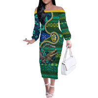 Personalised Solomon Islands Independence Day Family Matching Off The Shoulder Long Sleeve Dress and Hawaiian Shirt Crocodile Hibiscus Tribal Pattern DT05 Mom's Dress Green - Polynesian Pride