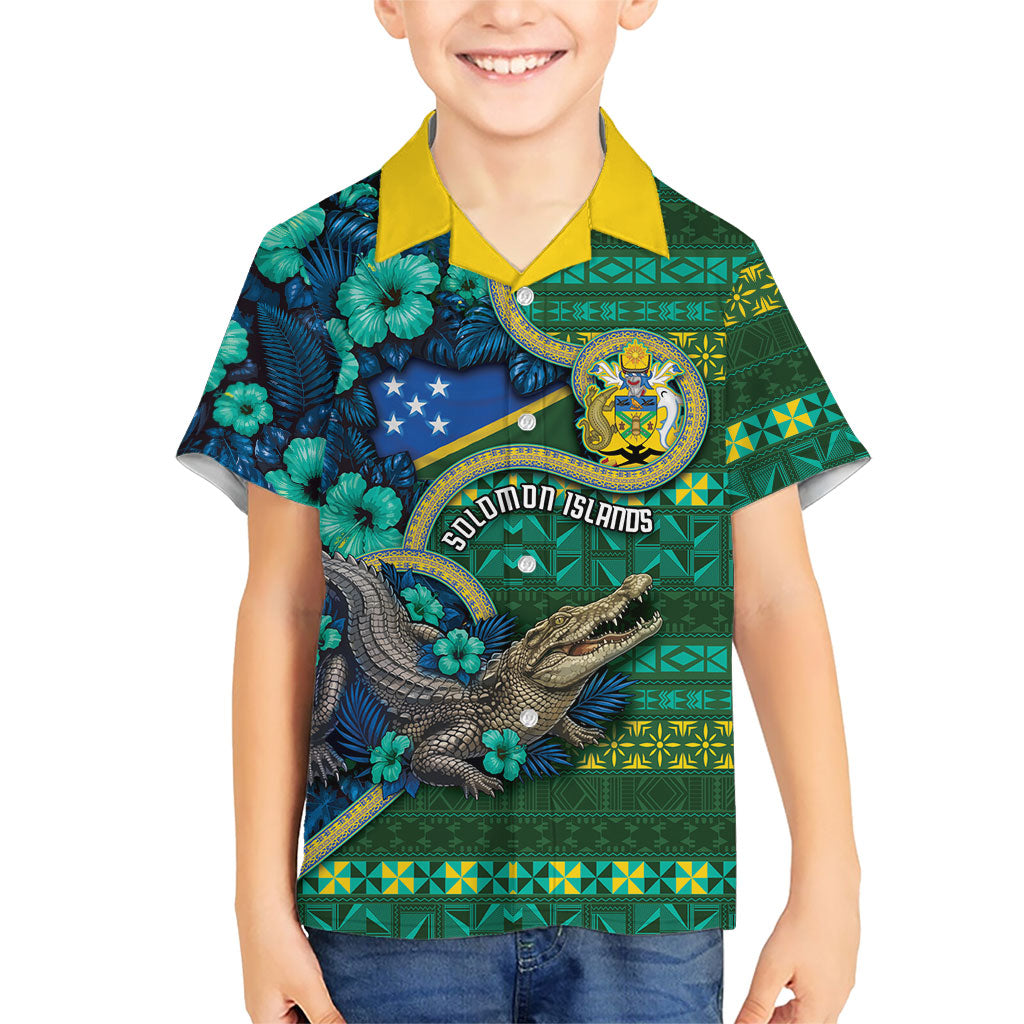 Personalised Solomon Islands Independence Day Family Matching Off Shoulder Maxi Dress and Hawaiian Shirt Crocodile Hibiscus Tribal Pattern DT05 Son's Shirt Green - Polynesian Pride