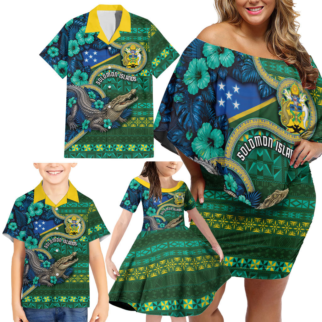 Personalised Solomon Islands Independence Day Family Matching Off Shoulder Short Dress and Hawaiian Shirt Crocodile Hibiscus Tribal Pattern DT05 - Polynesian Pride