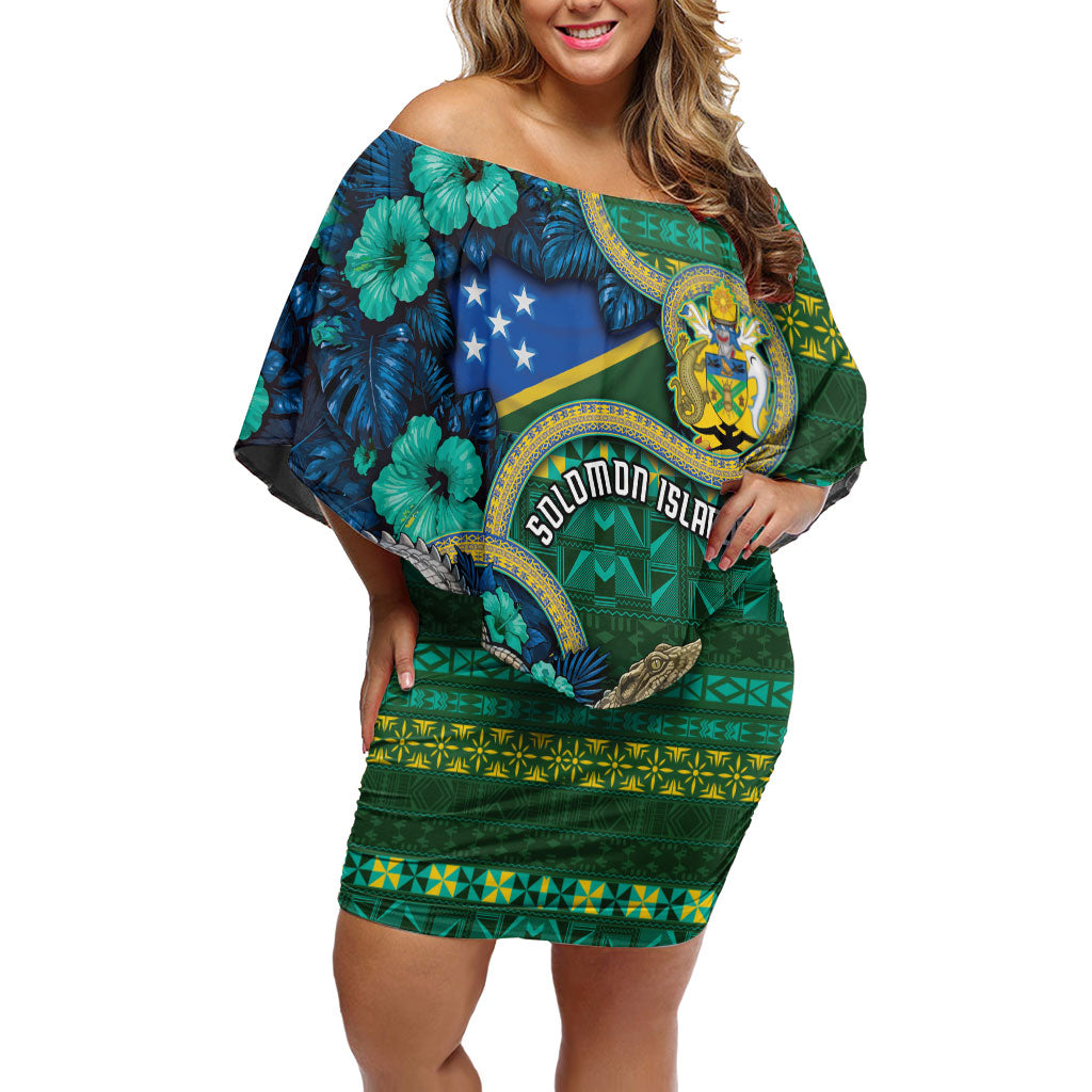 Personalised Solomon Islands Independence Day Family Matching Off Shoulder Short Dress and Hawaiian Shirt Crocodile Hibiscus Tribal Pattern DT05 Mom's Dress Green - Polynesian Pride