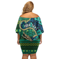 Personalised Solomon Islands Independence Day Family Matching Off Shoulder Short Dress and Hawaiian Shirt Crocodile Hibiscus Tribal Pattern DT05 - Polynesian Pride