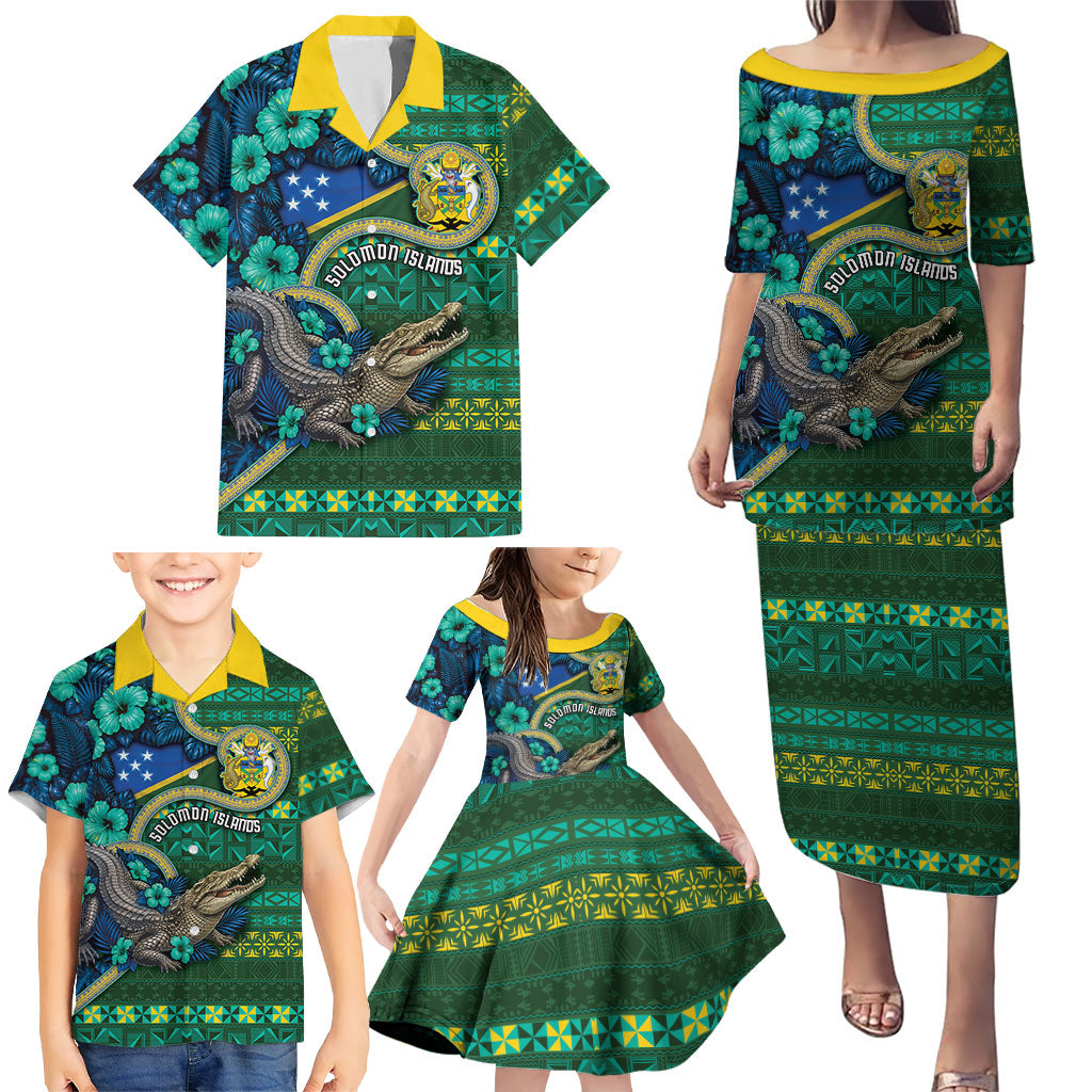 Personalised Solomon Islands Independence Day Family Matching Puletasi and Hawaiian Shirt Crocodile Hibiscus Tribal Pattern DT05 - Polynesian Pride