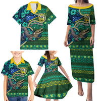 Personalised Solomon Islands Independence Day Family Matching Puletasi and Hawaiian Shirt Crocodile Hibiscus Tribal Pattern DT05 - Polynesian Pride