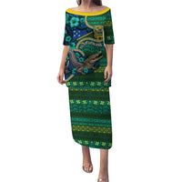 Personalised Solomon Islands Independence Day Family Matching Puletasi and Hawaiian Shirt Crocodile Hibiscus Tribal Pattern DT05 Mom's Dress Green - Polynesian Pride