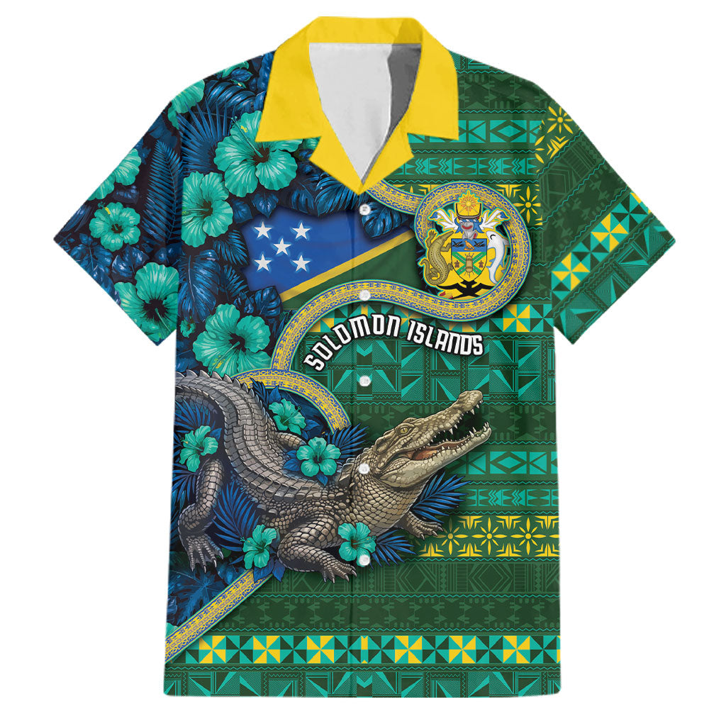 Personalised Solomon Islands Independence Day Family Matching Summer Maxi Dress and Hawaiian Shirt Crocodile Hibiscus Tribal Pattern DT05 Dad's Shirt - Short Sleeve Green - Polynesian Pride