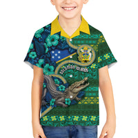 Personalised Solomon Islands Independence Day Family Matching Summer Maxi Dress and Hawaiian Shirt Crocodile Hibiscus Tribal Pattern DT05 Son's Shirt Green - Polynesian Pride