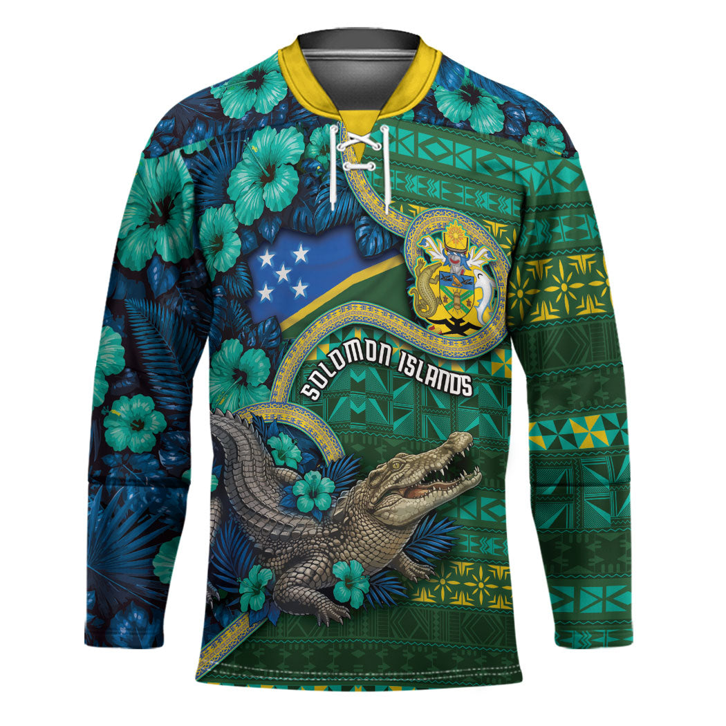 Personalised Solomon Islands Independence Day Hockey Jersey Crocodile Hibiscus Tribal Pattern DT05 Unisex Green - Polynesian Pride