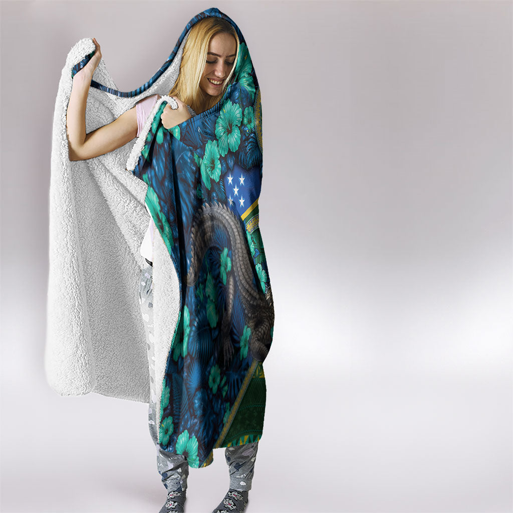 Solomon Islands Independence Day Hooded Blanket Crocodile Hibiscus Tribal Pattern DT05 - Polynesian Pride