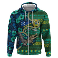 Personalised Solomon Islands Independence Day Hoodie Crocodile Hibiscus Tribal Pattern DT05 Zip Hoodie Green - Polynesian Pride