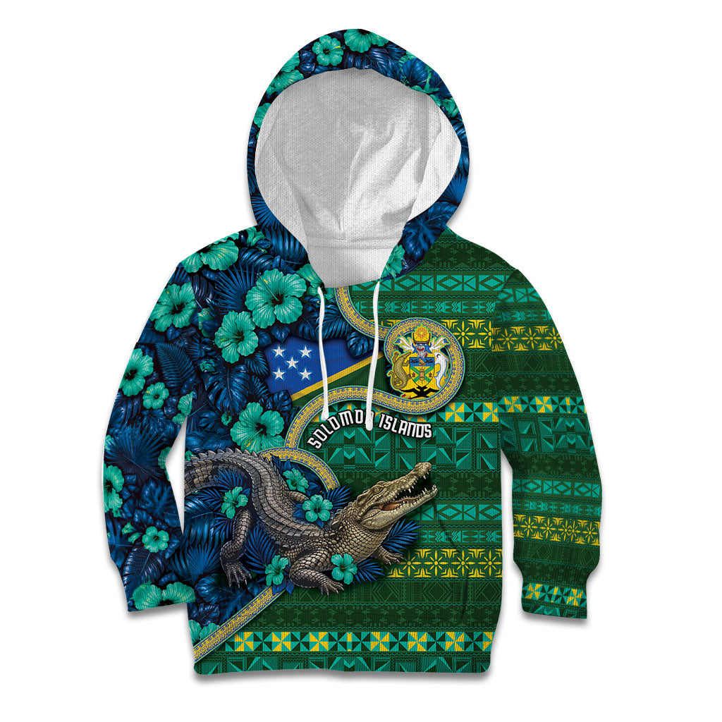 Personalised Solomon Islands Independence Day Kid Hoodie Crocodile Hibiscus Tribal Pattern DT05 Hoodie Green - Polynesian Pride