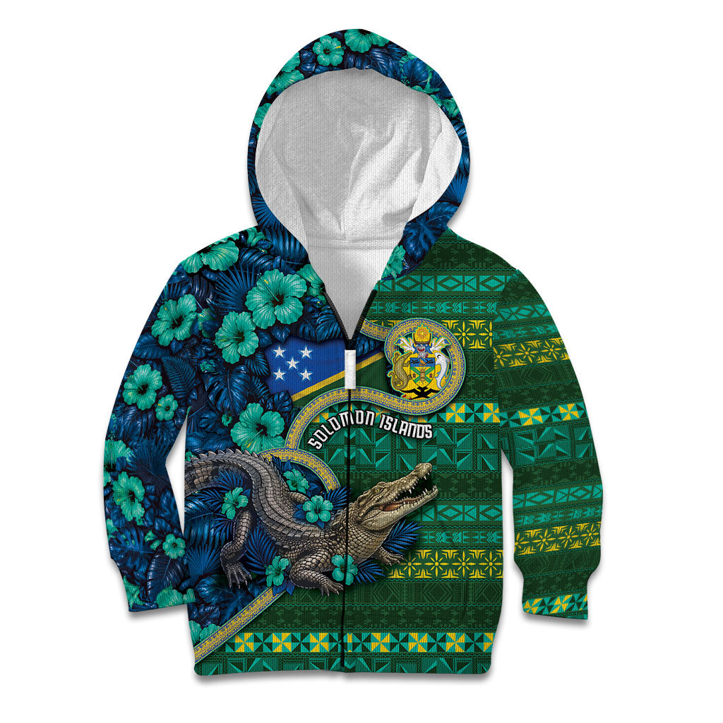Personalised Solomon Islands Independence Day Kid Hoodie Crocodile Hibiscus Tribal Pattern DT05 Zip Hoodie Green - Polynesian Pride
