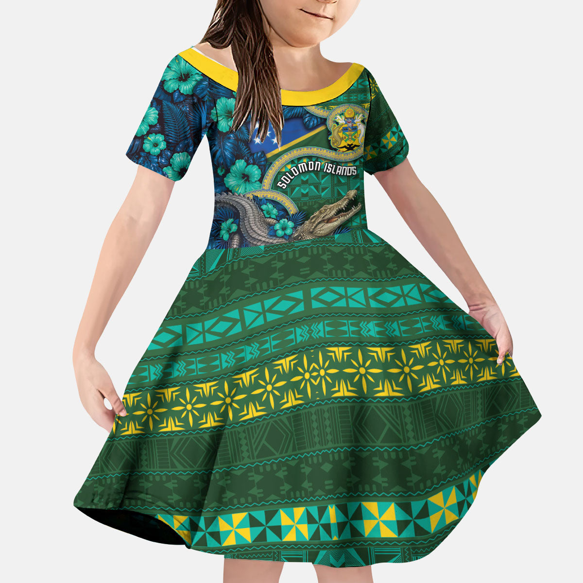 Personalised Solomon Islands Independence Day Kid Short Sleeve Dress Crocodile Hibiscus Tribal Pattern DT05 KID Green - Polynesian Pride