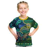 Personalised Solomon Islands Independence Day Kid T Shirt Crocodile Hibiscus Tribal Pattern DT05 Green - Polynesian Pride
