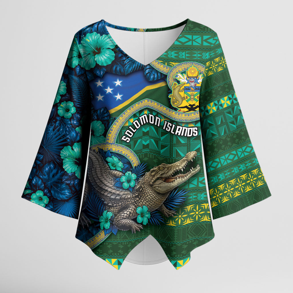 Personalised Solomon Islands Independence Day Kimono Sleeve Blouse Crocodile Hibiscus Tribal Pattern DT05 Female Green - Polynesian Pride