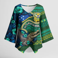 Personalised Solomon Islands Independence Day Kimono Sleeve Blouse Crocodile Hibiscus Tribal Pattern DT05 Female Green - Polynesian Pride