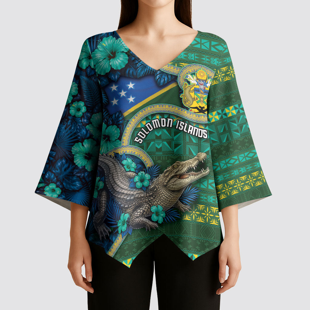 Personalised Solomon Islands Independence Day Kimono Sleeve Blouse Crocodile Hibiscus Tribal Pattern DT05 - Polynesian Pride