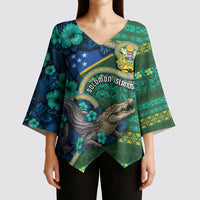 Personalised Solomon Islands Independence Day Kimono Sleeve Blouse Crocodile Hibiscus Tribal Pattern DT05 - Polynesian Pride