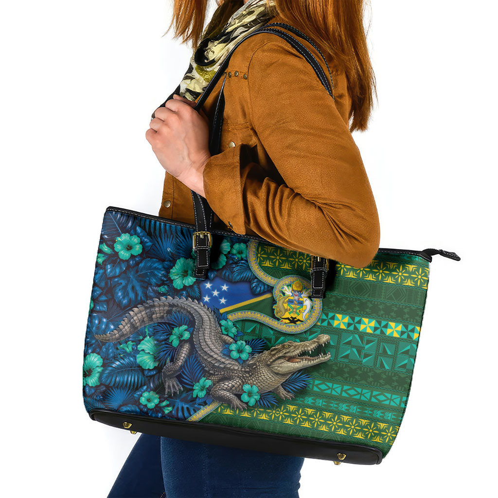 Solomon Islands Independence Day Leather Tote Bag Crocodile Hibiscus Tribal Pattern DT05 Green - Polynesian Pride
