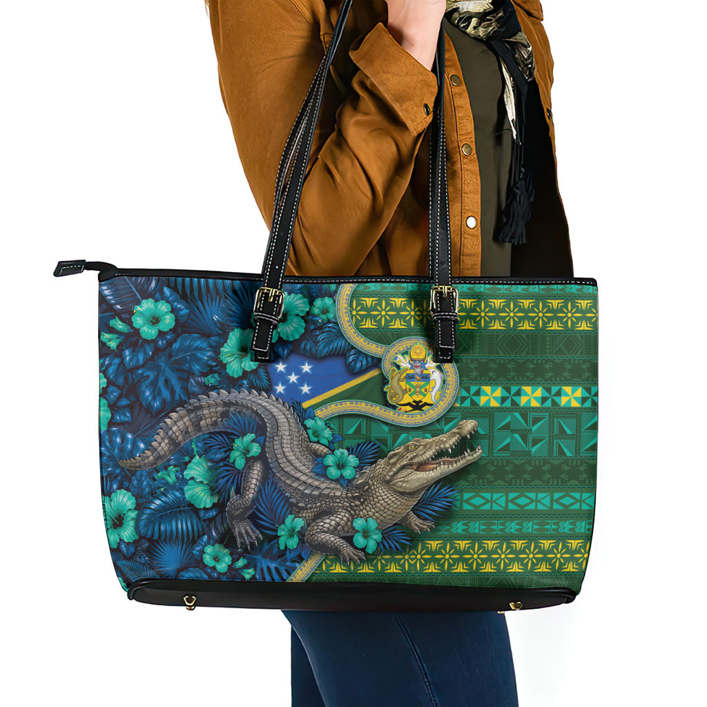 Solomon Islands Independence Day Leather Tote Bag Crocodile Hibiscus Tribal Pattern DT05 - Polynesian Pride