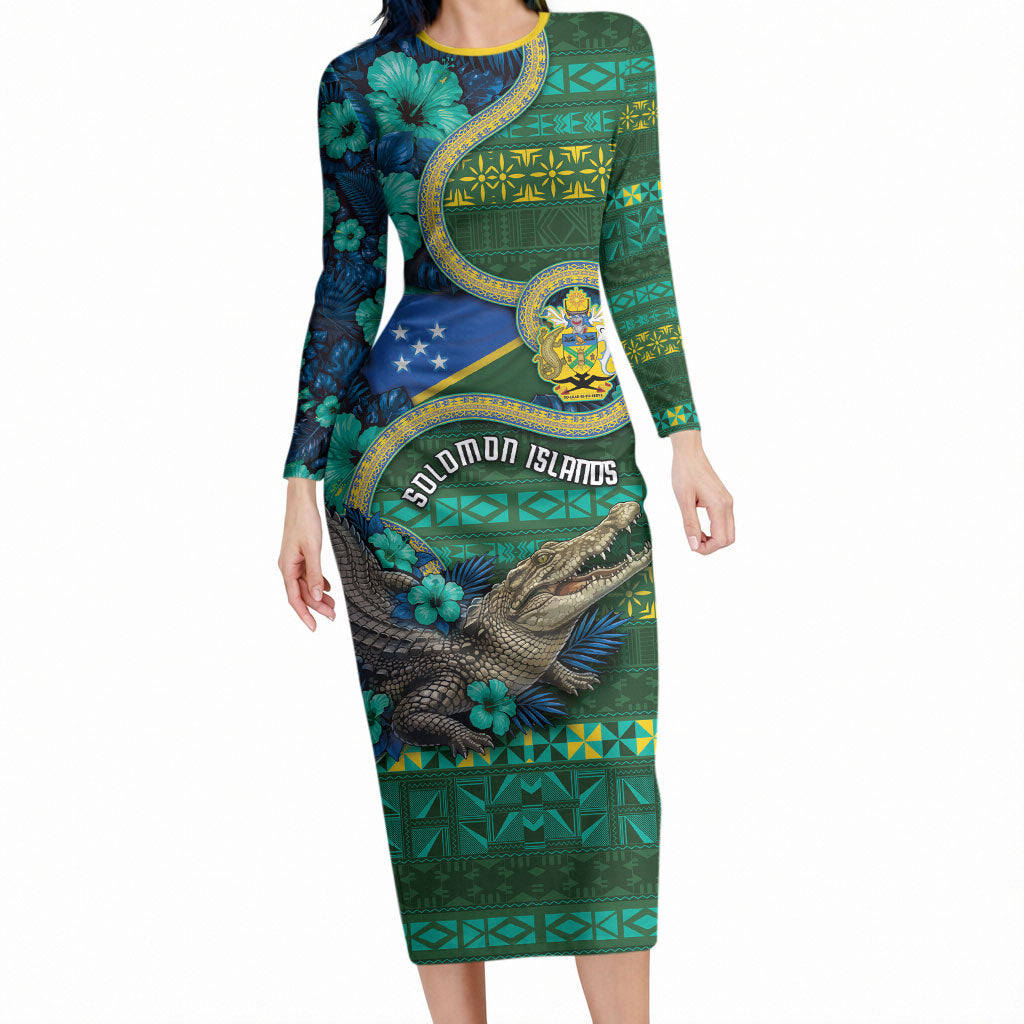 Personalised Solomon Islands Independence Day Long Sleeve Bodycon Dress Crocodile Hibiscus Tribal Pattern DT05 Long Dress Green - Polynesian Pride