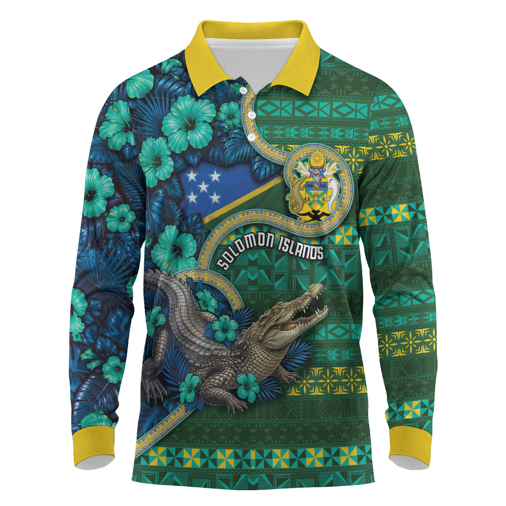 Personalised Solomon Islands Independence Day Long Sleeve Polo Shirt Crocodile Hibiscus Tribal Pattern DT05 Green - Polynesian Pride