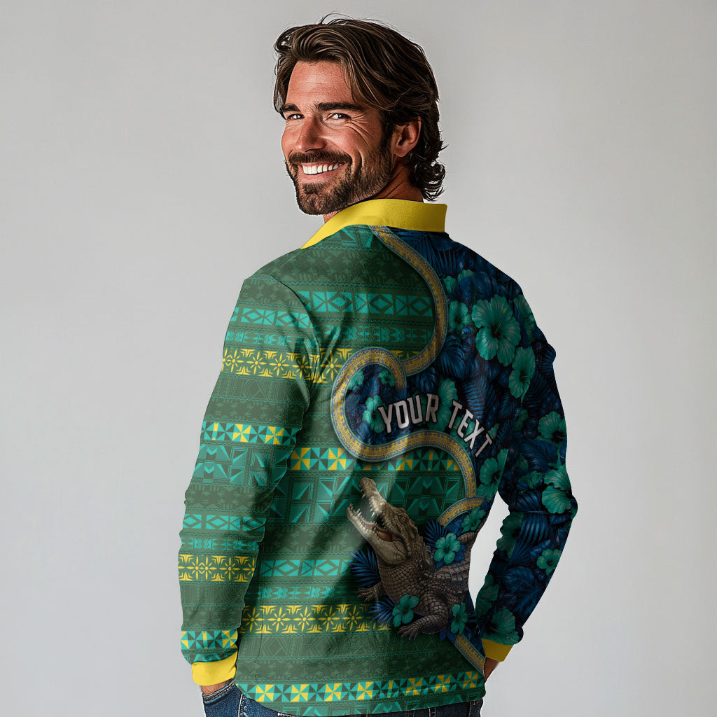Personalised Solomon Islands Independence Day Long Sleeve Polo Shirt Crocodile Hibiscus Tribal Pattern DT05 - Polynesian Pride