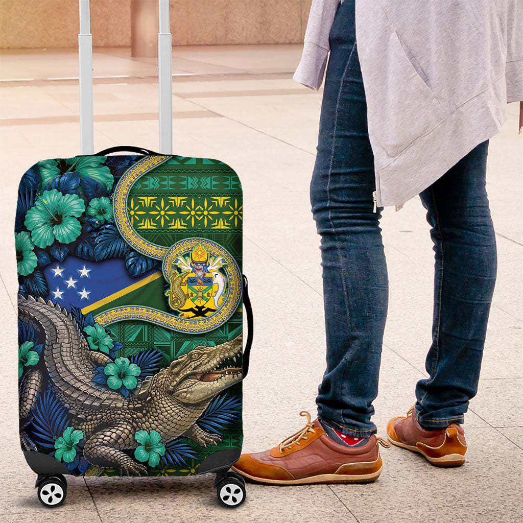 Solomon Islands Independence Day Luggage Cover Crocodile Hibiscus Tribal Pattern DT05 Green - Polynesian Pride