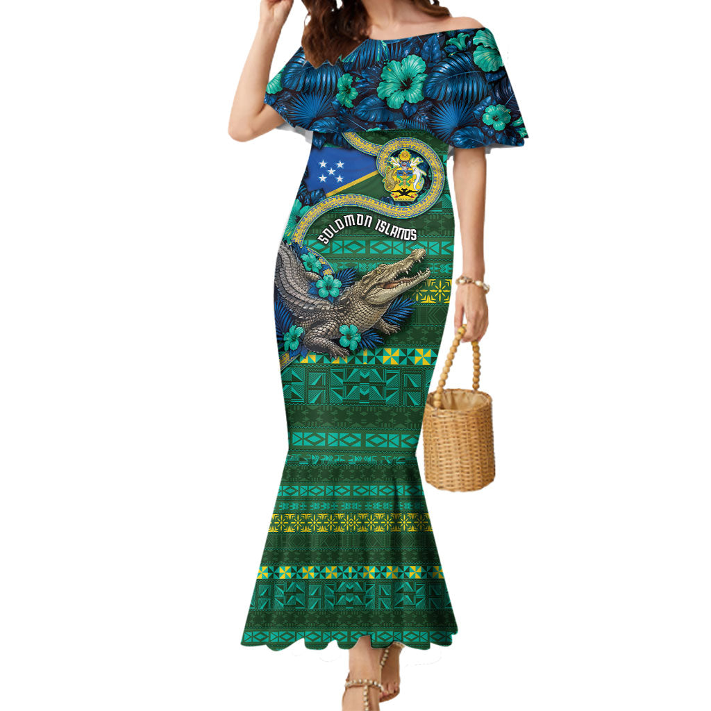 Personalised Solomon Islands Independence Day Mermaid Dress Crocodile Hibiscus Tribal Pattern DT05 Women Green - Polynesian Pride