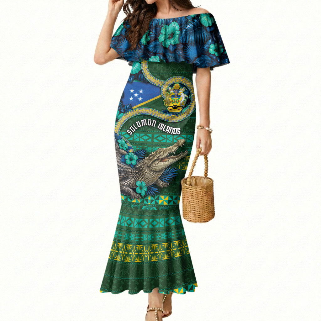 Personalised Solomon Islands Independence Day Mermaid Dress Crocodile Hibiscus Tribal Pattern DT05 Women Green - Polynesian Pride