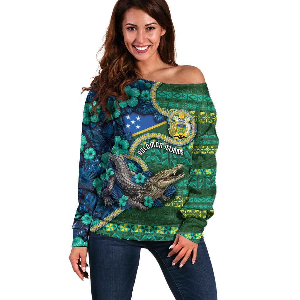 Personalised Solomon Islands Independence Day Off Shoulder Sweater Crocodile Hibiscus Tribal Pattern DT05 Women Green - Polynesian Pride