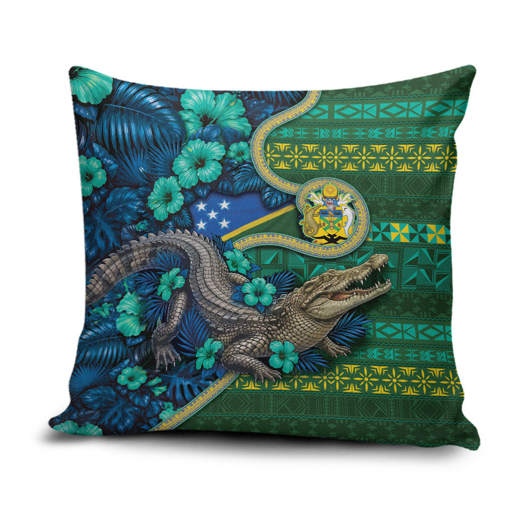 Solomon Islands Independence Day Pillow Cover Crocodile Hibiscus Tribal Pattern DT05 Green - Polynesian Pride