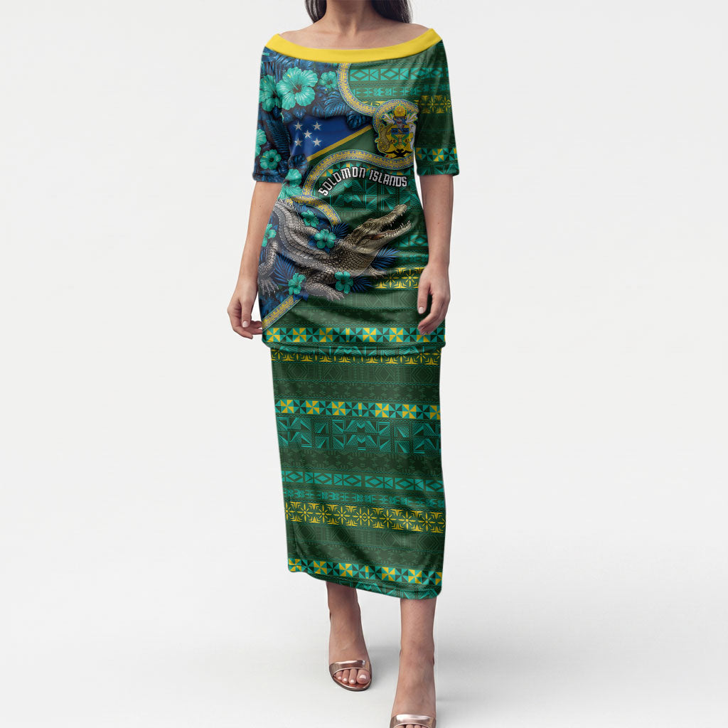 Personalised Solomon Islands Independence Day Puletasi Crocodile Hibiscus Tribal Pattern DT05 Long Dress Green - Polynesian Pride