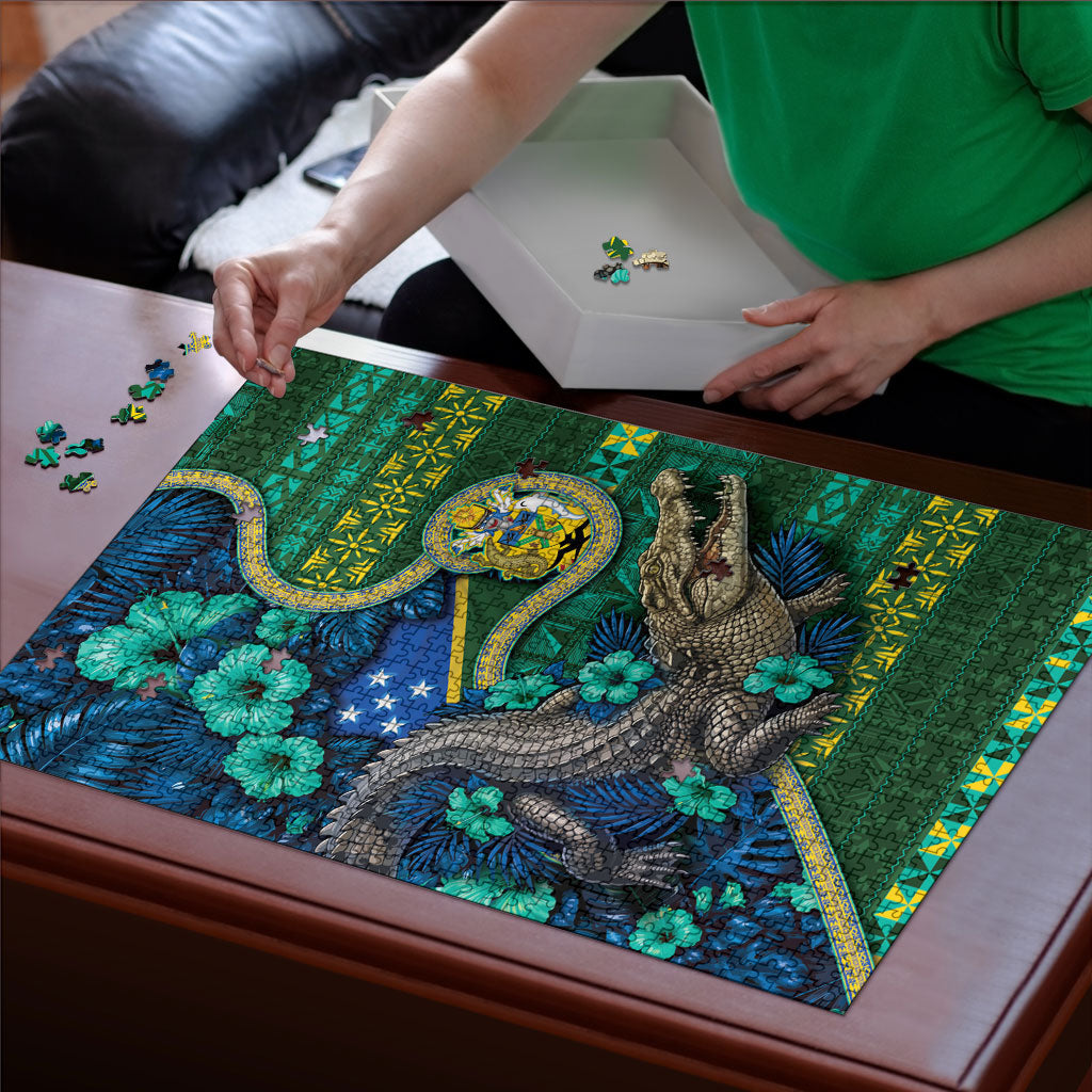 Solomon Islands Independence Day Puzzle Crocodile Hibiscus Tribal Pattern DT05 - Polynesian Pride