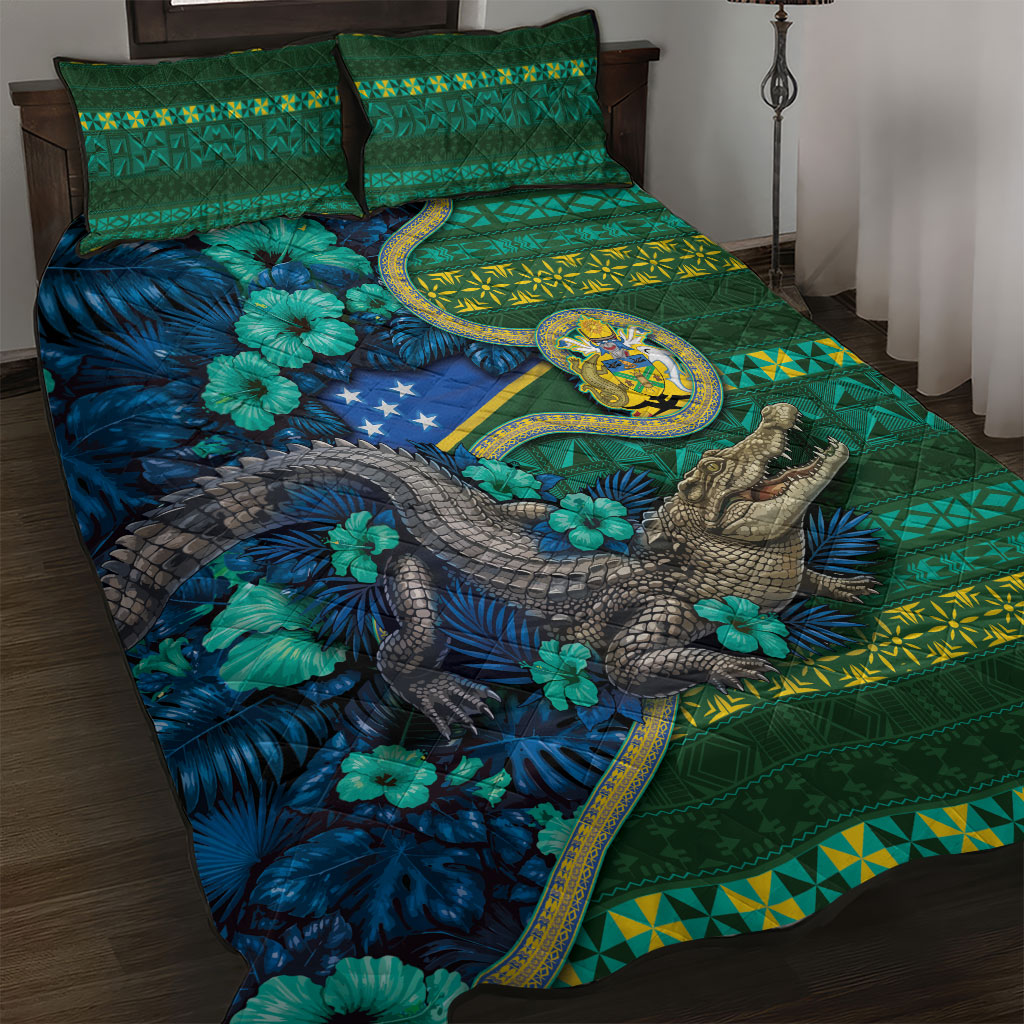 Solomon Islands Independence Day Quilt Bed Set Crocodile Hibiscus Tribal Pattern DT05 Green - Polynesian Pride