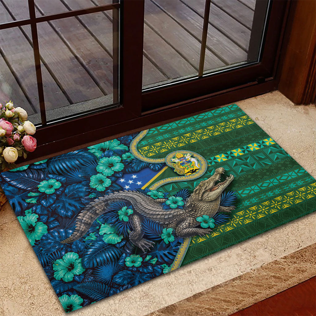 Solomon Islands Independence Day Rubber Doormat Crocodile Hibiscus Tribal Pattern DT05 - Polynesian Pride