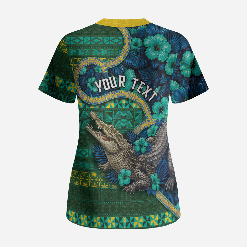 Personalised Solomon Islands Independence Day Scrub Top Crocodile Hibiscus Tribal Pattern DT05 - Polynesian Pride