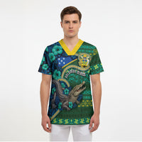 Personalised Solomon Islands Independence Day Scrub Top Crocodile Hibiscus Tribal Pattern DT05 - Polynesian Pride