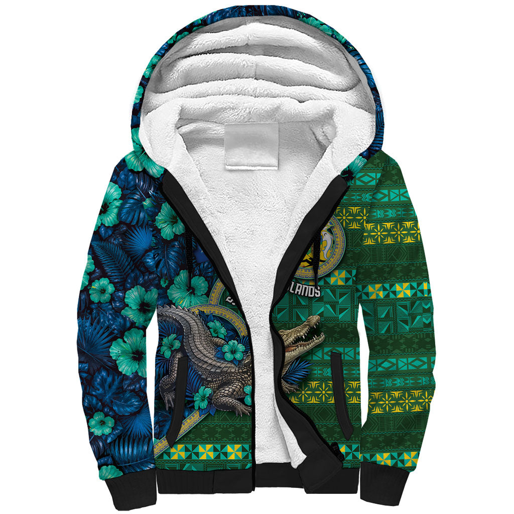 Personalised Solomon Islands Independence Day Sherpa Hoodie Crocodile Hibiscus Tribal Pattern DT05 Unisex Green - Polynesian Pride