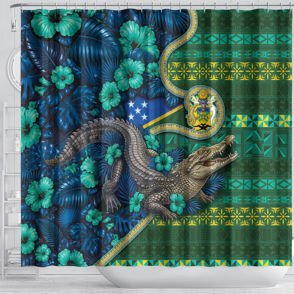 Solomon Islands Independence Day Shower Curtain Crocodile Hibiscus Tribal Pattern DT05 - Polynesian Pride